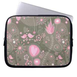 Whimsical Pink and Grey Hearts, Birds and Flowers Laptop Sleeve