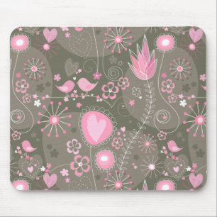 Whimsical Pink and Grey Hearts, Birds and Flowers  Mouse Mat