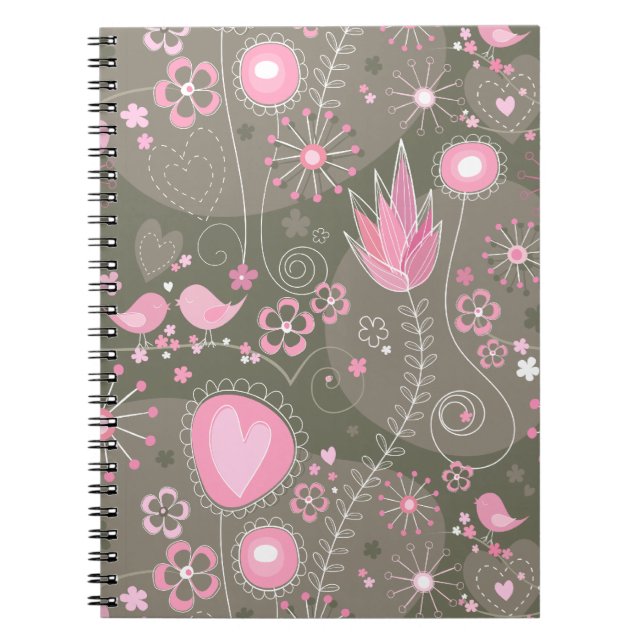 Whimsical Pink and Grey Hearts, Birds and Flowers  Notebook (Front)