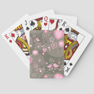 Whimsical Pink and Grey Hearts, Birds and Flowers  Playing Cards