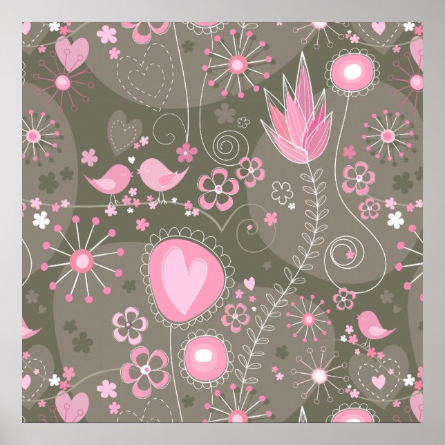 Whimsical Pink and Grey Hearts, Birds and Flowers  Poster (Front)