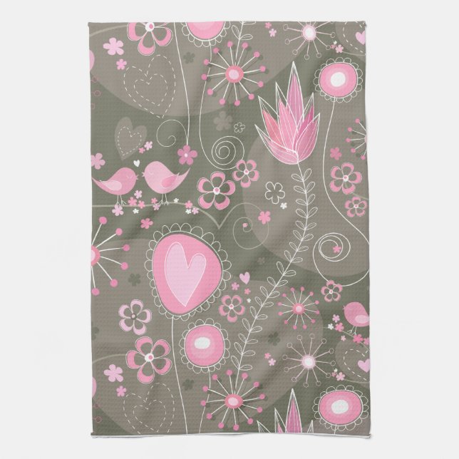 Whimsical Pink and Grey Hearts, Birds and Flowers  Tea Towel (Vertical)