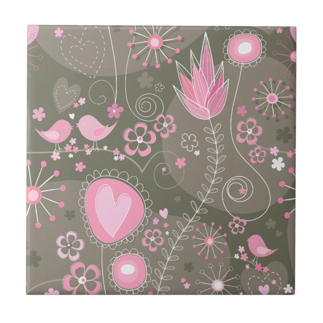Whimsical Pink and Grey Hearts, Birds and Flowers  Tile (Front)