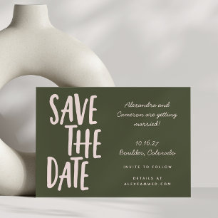 Whimsical Pink and Olive Green Simple Script  Save The Date