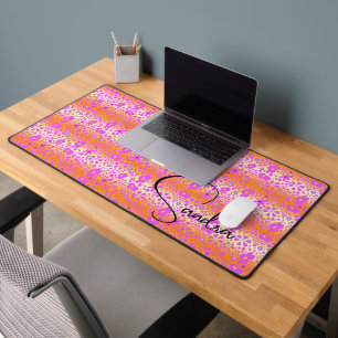 Whimsical Pink and Orange Floral Design Desk Mat