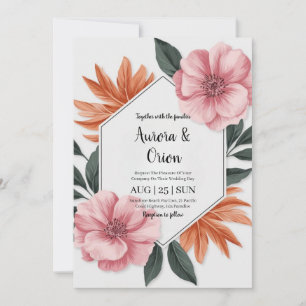 whimsical pink and orange floral wedding invitation