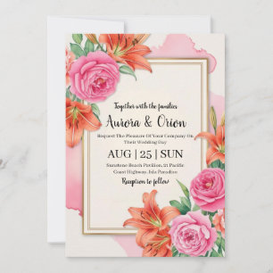 whimsical pink and orange floral wedding invitation