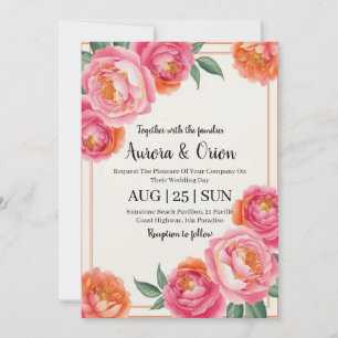whimsical pink and orange floral wedding invitation
