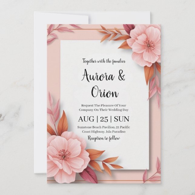 whimsical pink and orange floral wedding invitation (Front)