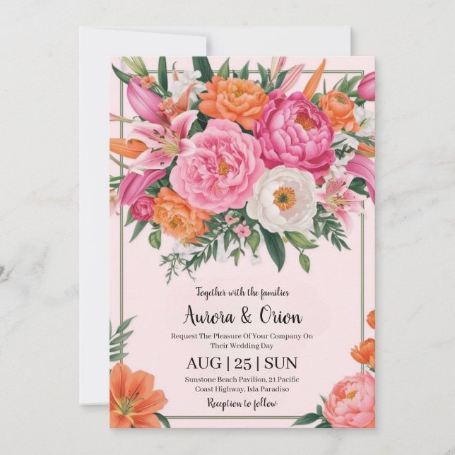 whimsical pink and orange floral wedding invitation (Front)
