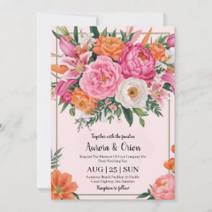 whimsical pink and orange floral wedding invitation