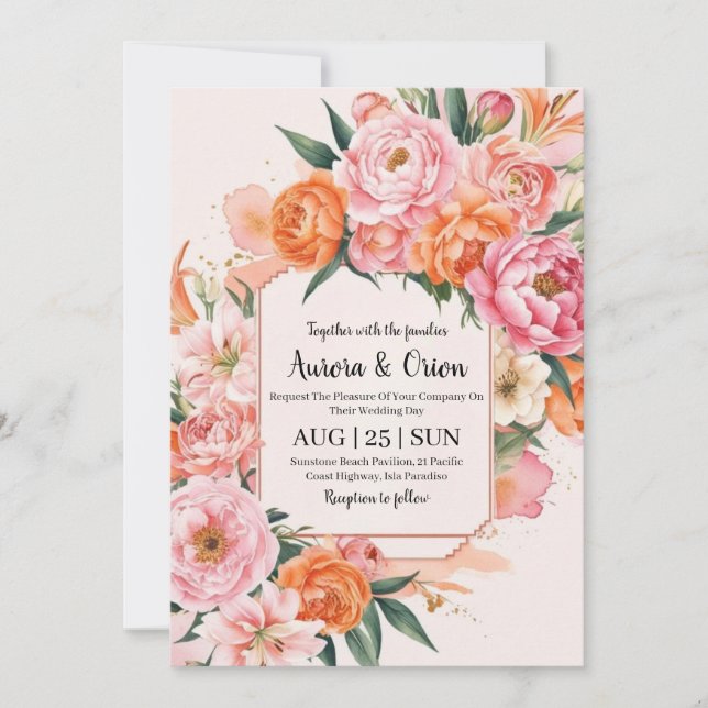 whimsical pink and orange floral wedding invitation (Front)