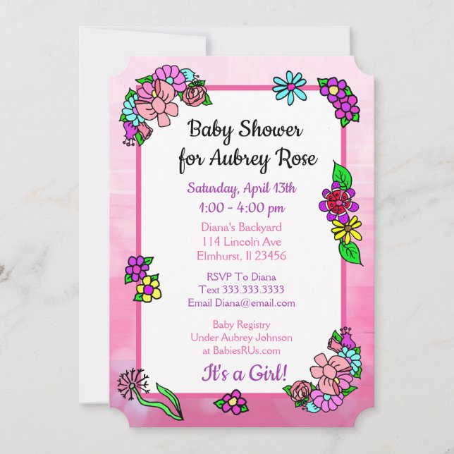 Whimsical Pink and Purple Floral Baby Shower Invitation (Front)