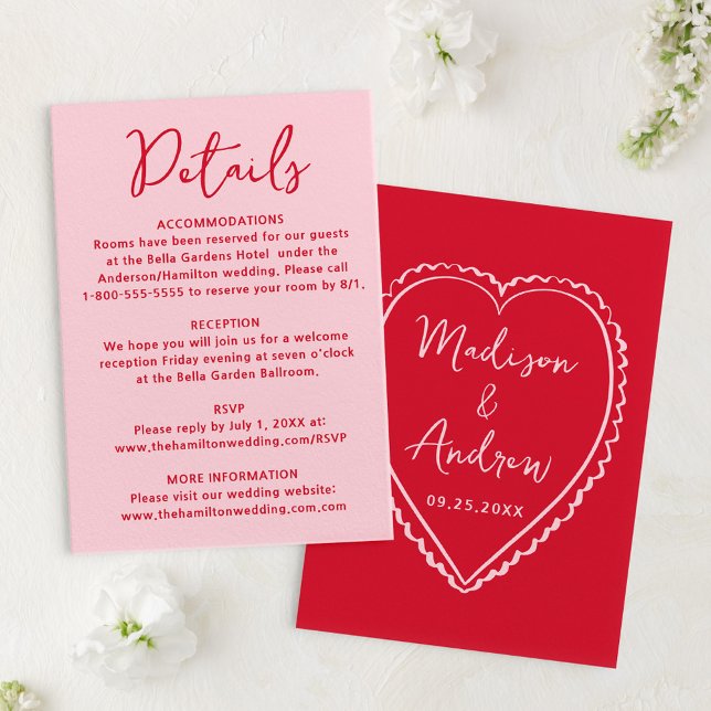 Whimsical Pink and Red Heart Wedding Details Enclosure Card (Creator Uploaded)