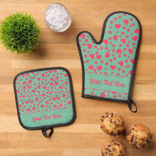 Whimsical Pink and Teal Hearts Pattern Oven Mitt & Pot Holder Set