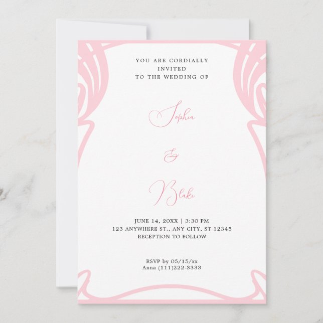Whimsical Pink and White Art Deco Wedding Invitation (Front)