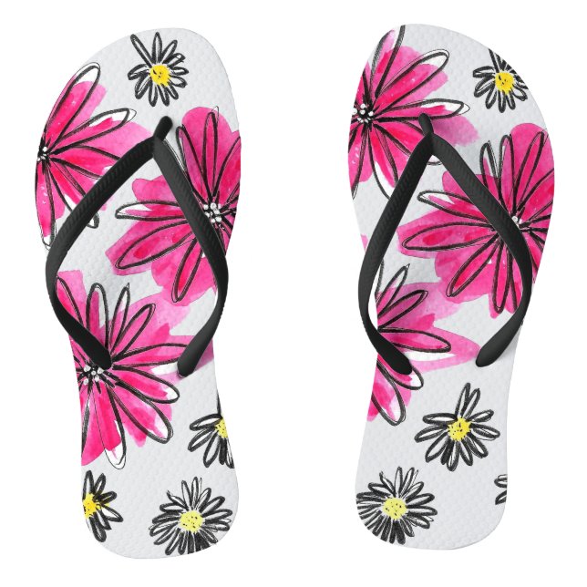 Whimsical Pink and White Flowers Flip Flops (Footbed)