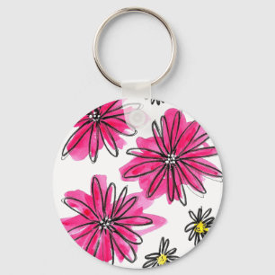 Whimsical Pink and White Flowers Key Ring
