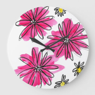 Whimsical Pink and White Flowers Large Clock