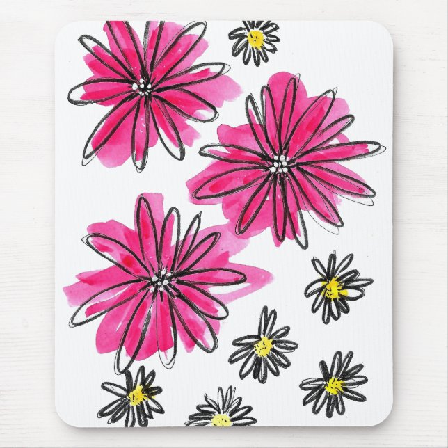 Whimsical Pink and White Flowers Mouse Mat (Front)