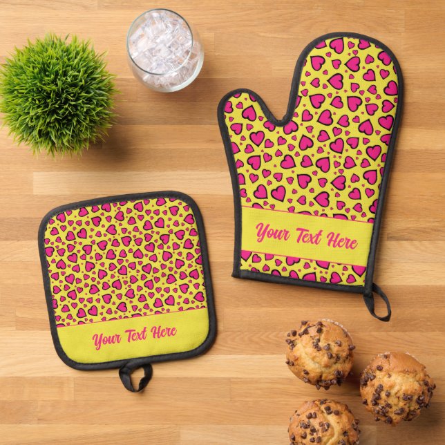 Whimsical Pink and Yellow Hearts Pattern Oven Mitt & Pot Holder Set (Top Down)