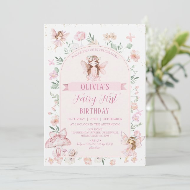 Whimsical Pink Arch Fairy First Birthday Birthday Invitation (Standing Front)