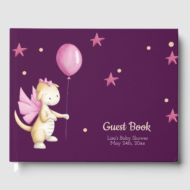 Whimsical Pink Baby Dragon Girl Baby Shower Guest Book (Front)