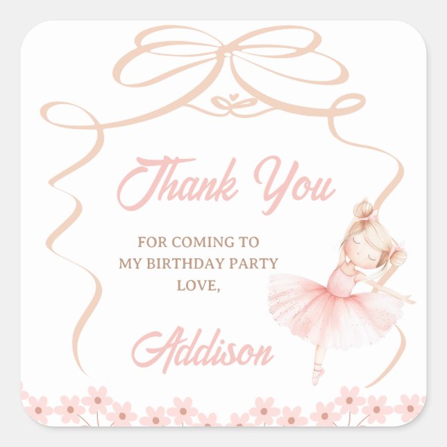 Whimsical Pink Ballerina Two Tu 2nd Birthday  Square Sticker (Front)