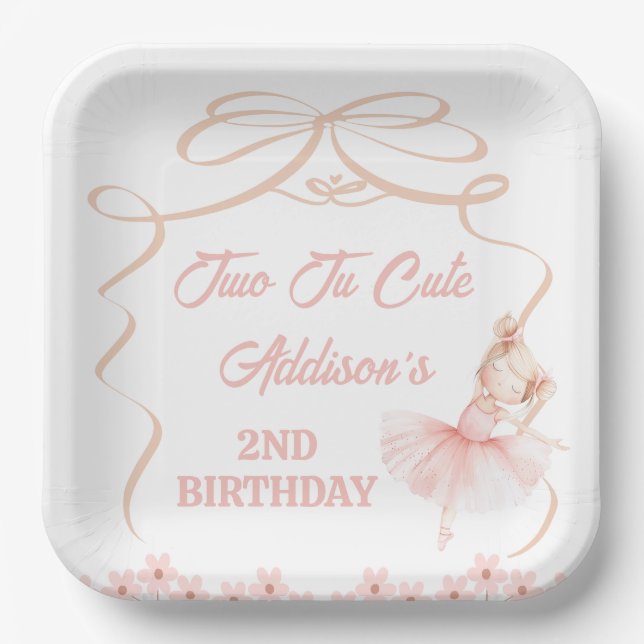 Whimsical Pink Ballerina Two Tu Cute 2nd Birthday Paper Plate (Front)