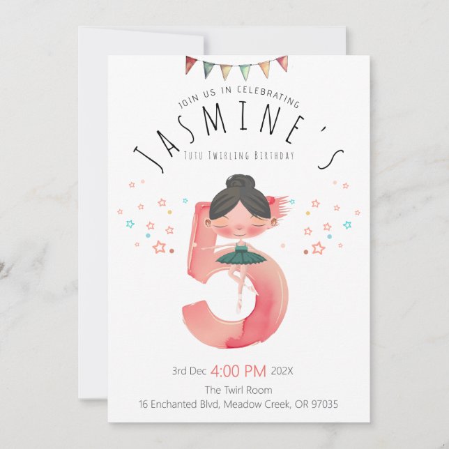 Whimsical Pink Ballet Girl 5th Birthday Invitation (Front)