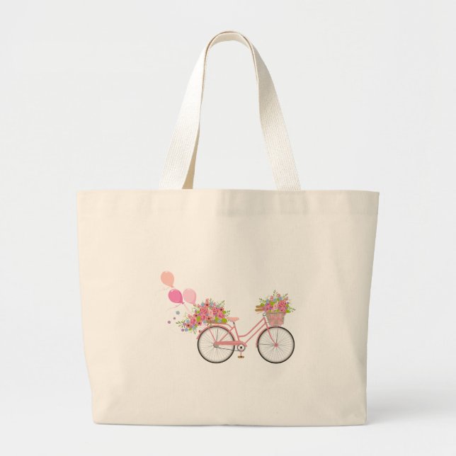 Whimsical Pink Bicycle Large Tote Bag (Front)