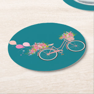 Whimsical Pink Bicycle Round Paper Coaster