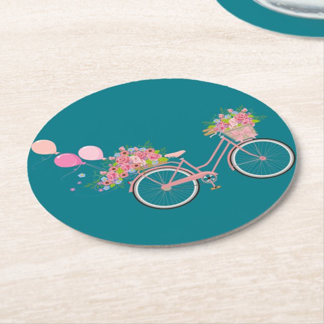 Whimsical Pink Bicycle Round Paper Coaster (Angled)