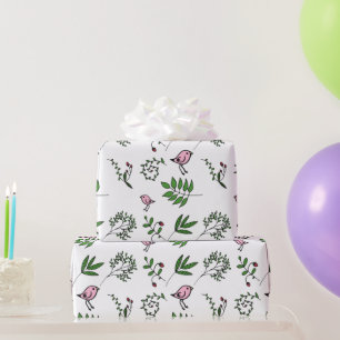 Whimsical Pink Bird and Green Leaves Wrapping Paper