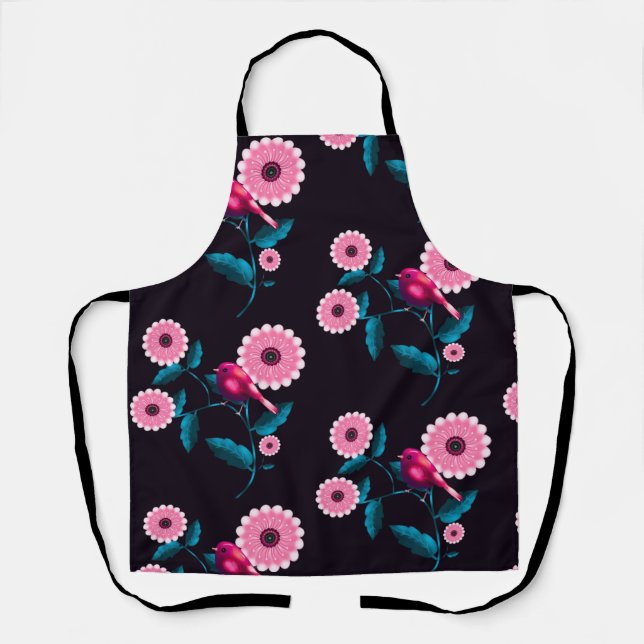 Whimsical Pink Bird Floral Botanical Design Apron (Front)