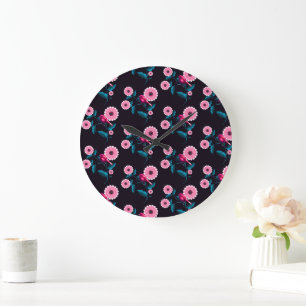 Whimsical Pink Bird Floral Botanical Design Large Clock