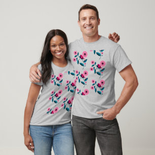 Whimsical Pink Bird Floral Botanical Design T-Shirt