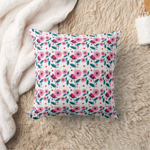 Whimsical Pink Bird Floral Botanical Design Throw Cushion