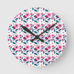 Whimsical Pink Bird Floral Botanical Design Throw Round Clock