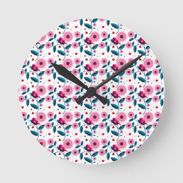 Whimsical Pink Bird Floral Botanical Design Throw Round Clock (Front)