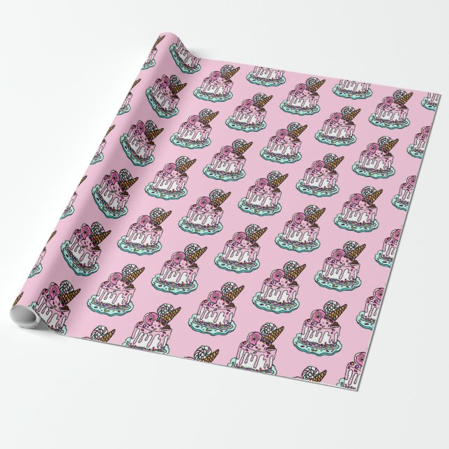 Whimsical Pink Birthday Cake  Wrapping Paper (Unrolled)