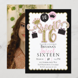 Whimsical Pink Black Sweet 16 Photo Birthday Party Invitation