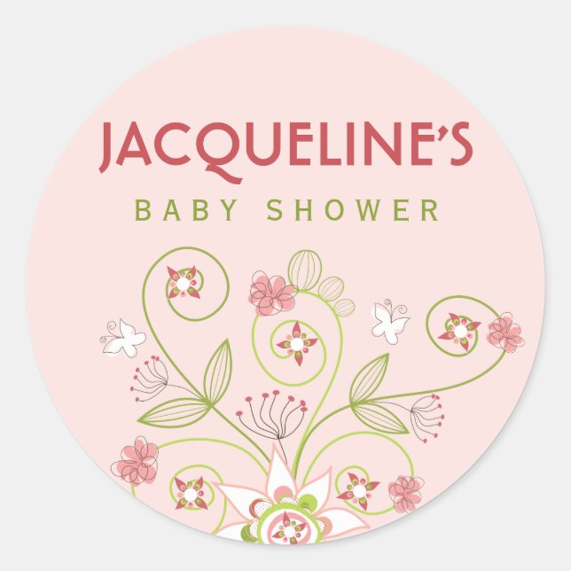 Whimsical Pink Blooms Girl Baby Shower Sticker (Front)