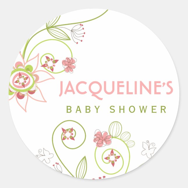 Whimsical Pink Blooms Girl Baby Shower Sticker (Front)