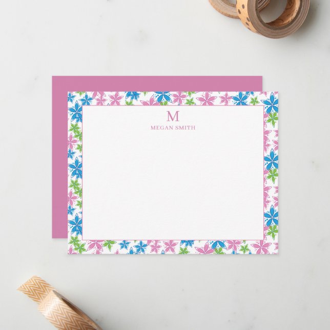 Whimsical Pink Blue Floral Border Custom Monogram Card (Front/Back In Situ)