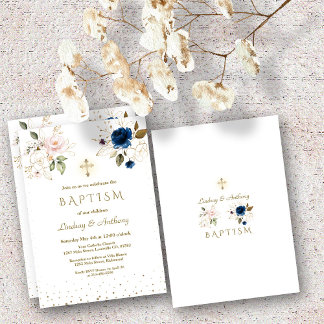 Whimsical Pink Blue Gold Flowers Twins Baptism Invitation