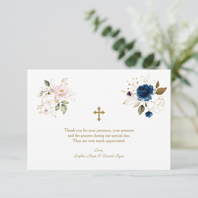 Whimsical Pink Blue Gold Flowers Twins Baptism Thank You Card (Standing Front)