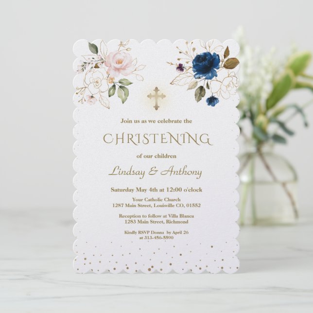 Whimsical Pink Blue Gold Flowers Twins Christening Invitation (Standing Front)