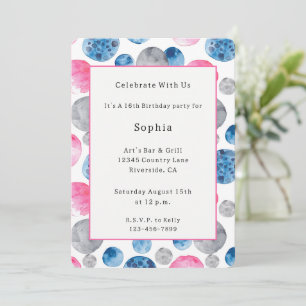 Whimsical Pink Blue Grey Dots Birthday Invitation