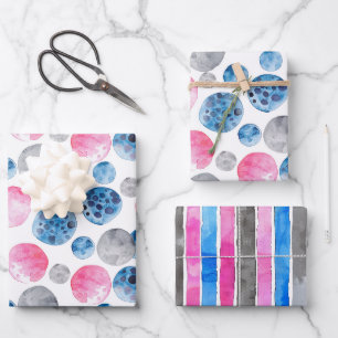 Whimsical Pink Blue Grey Dots Stripes Birthday Wrapping Paper Sheet